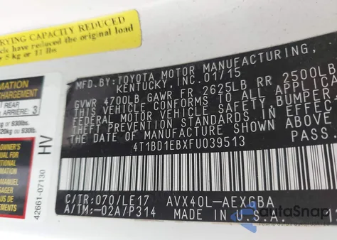 2015 Toyota Avalon Hybrid Xle Touring from USA, damaged, VIN 4T1BD1EBXFU039513